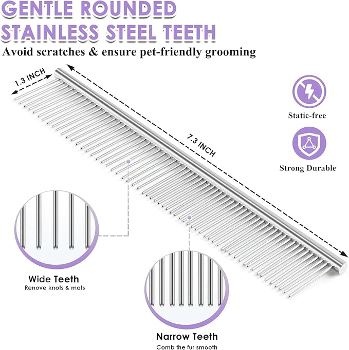 Large Slicker Brush for Dogs – 3pc Grooming Kit with Undercoat Rake & Comb, Deshedding Pin Brush for Mats & Shedding on Long-Haired & Double-Coated Dogs, Cats, Poodles & Goldendoodle, Purple