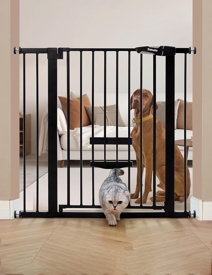BABELIO 36 Inch Extra Tall Baby Gate with Cat Door,29.5-40" Metal Pet Door for Stairs,Doorways,House,Auto Close,Easy Walk Thru,Black