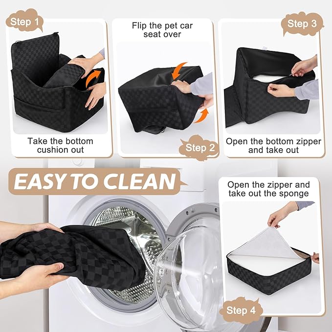 JOEJOY Elevated Dog Car Seat for Small/Medium Dogs up to 35 lbs, Memory Foam Booster Seat with Detachable Washable Cover, Travel-Safe Car Bed with Safety Belts & Storage Pockets, Black