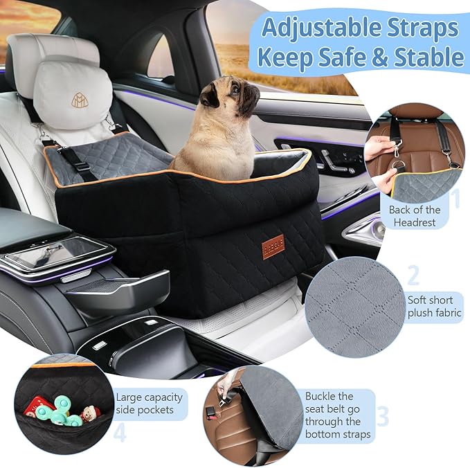 Dog Car Seat - Memory Foam Booster for Small Dogs 0-35 lbs, Anti-Slip with 2 Adjustable Leashes, Elevated Dog Travel Bed with Storage Pockets