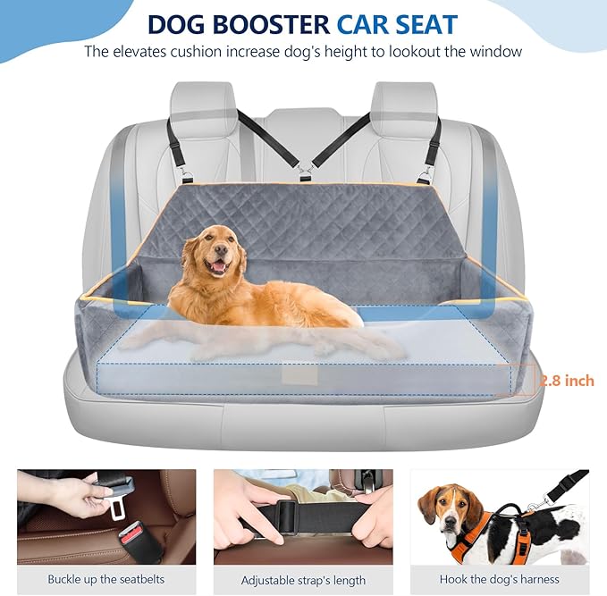 Large Dog Car Seat for Dods Under 100 Lbs, Memory Foam Dog Car Bed for Backseat & Trunk, Detachable and Washable Cover, Pet Travel Seat with Storage Pockets, 2 Safety Belts