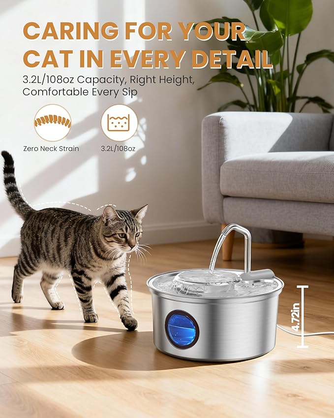 Cat Water Fountain Stainless Steel - 108oz/3.2L Ultra-Quiet Cat Fountain for Drinking with Removable Water Bowl, Kitty Spout Fountain with 3 Filters Supplies for Cats, Small Dogs, Multiple Pets