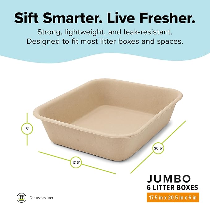 Kitty Sift Disposable Cat Litter Box Jumbo, 6 Count, Durable Portable for Travel and Home, Eco-Friendly Disposable Litter Box Controls Odor