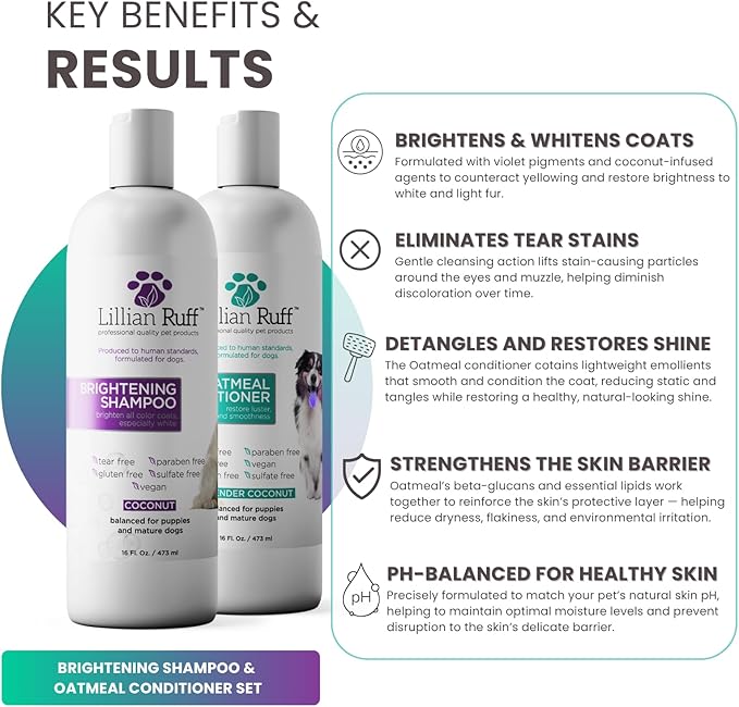 Lillian Ruff Brightening Shampoo & Oatmeal Conditioner Set for Dogs – Safe for Cats - Tear Free Coconut Scent with Aloe for Normal, Dry & Sensitive Skin