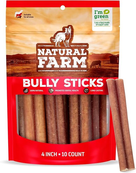 Natural Farm Odor Free Bully Sticks (4 Inch, 10 Pack) for Small & Medium Dogs - 100% Beef Chews for Pups, Non-GMO, Grain-Free, Fully Digestible Long Lasting Dog Treats