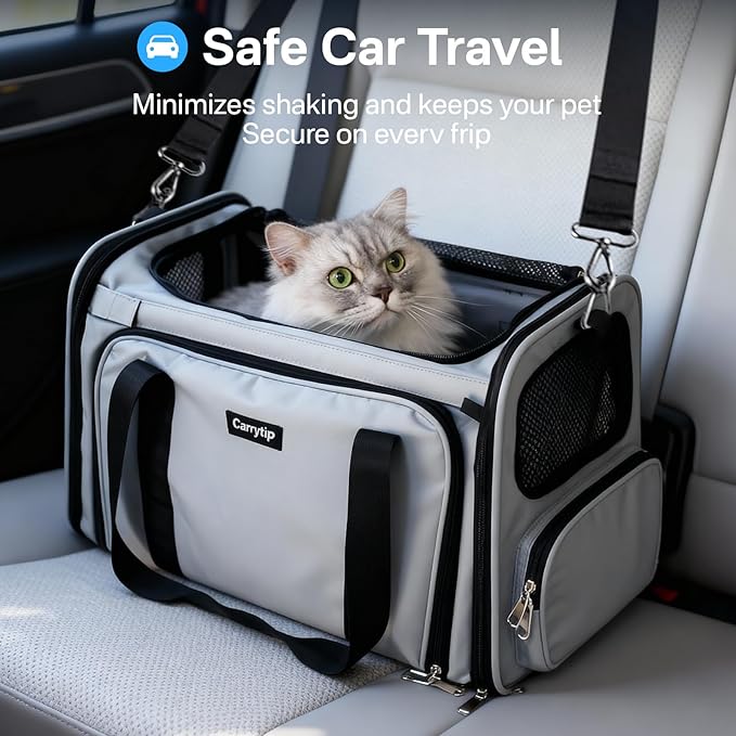Expandable Cat Carrier, Airline Approved Soft Sided Pet Carrier for Cats & Small Dogs Up to 15 lbs, with Locking Safety Zippers & Cozy Fleece Pad, Portable for Car & Vet Visits, Black