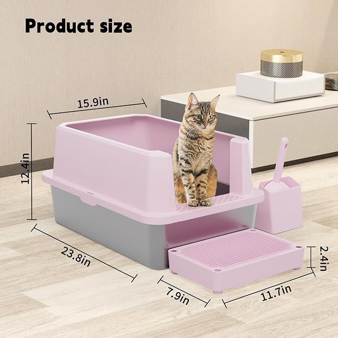 RIZZARI Large Cat Litter Box: Pink Semi-Closed Stainless Steel Litter Box with High Edges - Odorless Litter Pan Anti Leakage for Small to Large Cats for Bedroom Living Room