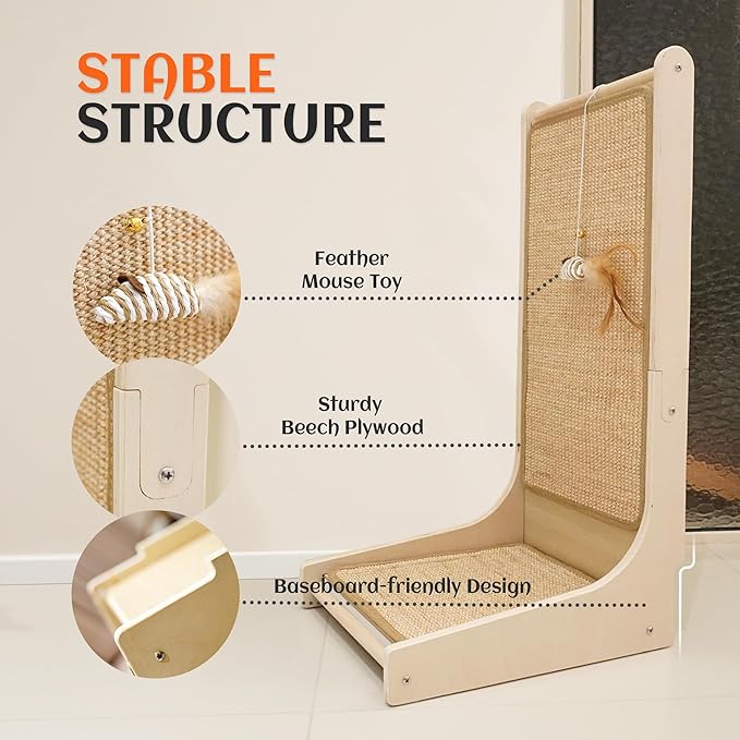 PETKARAY Cat Scratcher, Sisal Cat Scratch Pad, L Shape Scratching Board for Indoor Kitty, Floor Mounted Scratcher with Mouse Toy Catnip