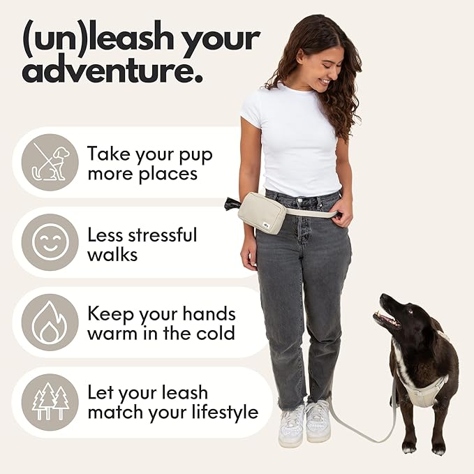 elby - Hands Free Dog Leash with Treat Pouch - Cross Body and Waist - Training Leash with Fanny Pack - Dog Walking Accessories and Walking Essentials - for Medium and Large Dogs (Beige, Regular)