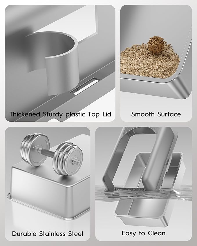 Stainless Steel Cat Litter Box, Extra Large Enclosed Litter Boxs for Big Cats, XL Metal Litter Box with Lid, High Sided, Non Stick, No Smell, Easy to Clean, Included Scoop