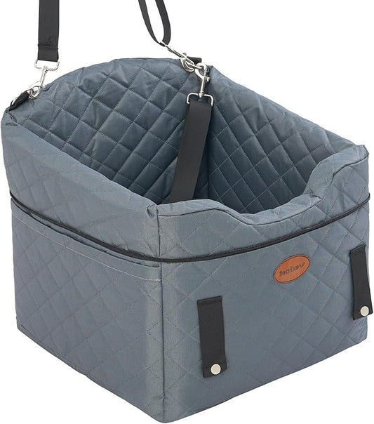Dog Car Seat with Loops Dog Booster Seat for All Seasons, Anti Slip Bottom Pet Travel Bed with Thick Pets Sofa Cushion and Storage Pockets for Small Pets（Grey）