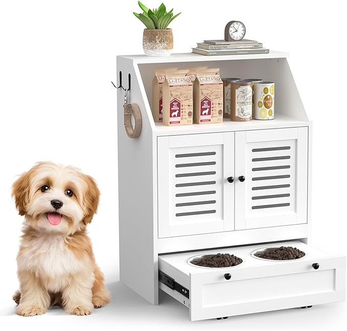 Giluta Dog Feeding Station, Food Cabinet Furniture with 2 Dog Raised Bowls, Pet Food Storage Pet Feeder Cabinet Container for Feeding&Watering Supplies,White