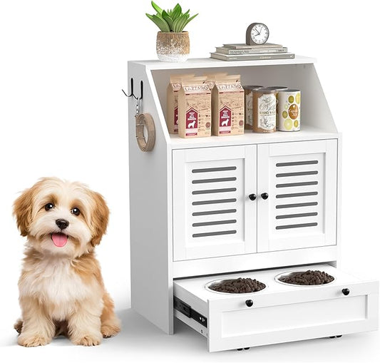 Giluta Dog Feeding Station, Food Cabinet Furniture with 2 Dog Raised Bowls, Pet Food Storage Pet Feeder Cabinet Container for Feeding&Watering Supplies,White