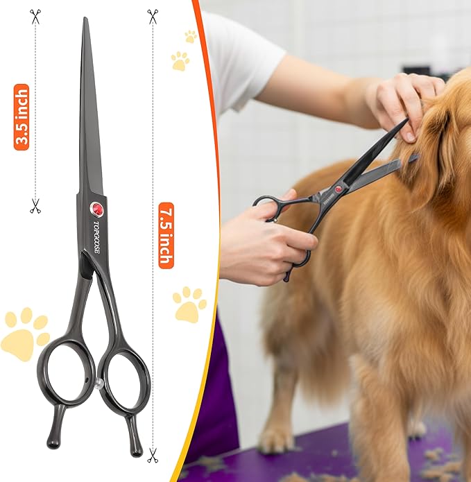TOPGOOSE 7.5'' Dog Straight Scissors for Grooming 440C Stainless Steel Professional Pet Trimming Scissors Sharp Blades Cutting for Dogs and Cats Shears (Straight, Black)