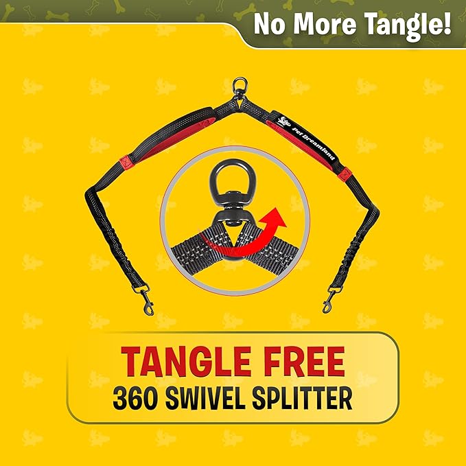 Pet Dreamland Exquisite Hands Free Double Leash for Two Dogs No Tangle. Premium Quality & Versatile Running Your Two Large Dogs. You Will Absolutely Love This Amazing Dual Dog Leash (Black & Red)