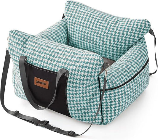 Dog Car Seat for Small to Medium Dogs - Waterproof Pet Booster Seat with Clip-On Safety Leash, Carrier for Puppy up to 25 lbs, Memory Foam Filling & Adjustable Buckles, Green Houndstooth