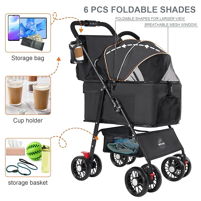 3 in 1 Pet Dog Stroller for Small Medium Dogs 10-50 lbs, Foldable Cat-Strollers for 2-Cats with Removable Carrier, Pet-Strollers for Cats with Storage Bag, Small Puppy-Stroller, Dog-Cart (Black)