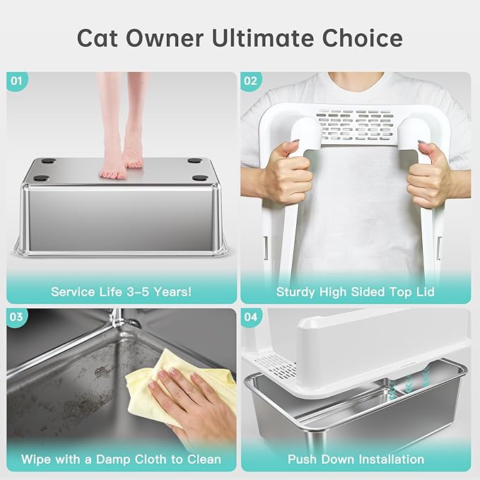 Stainless Steel Litter Box with Lid, 14” XL Stainless Steel Cat Litter Box Enclosure, Extra Large Metal Cat Box, Non-Sticky, Anti Leakage, Easy Cleaning Litter Pan, Include Scoop