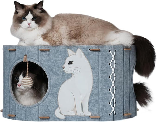 Cat House for Indoor Cats – Felt Covered Cat Bed Cave with Sisal Ball & Reversible Cooling & Warming Pad, Enclosed Hideaway Condo for Large Cats & Kittens, Cozy Multi-Cat Furniture, Gray