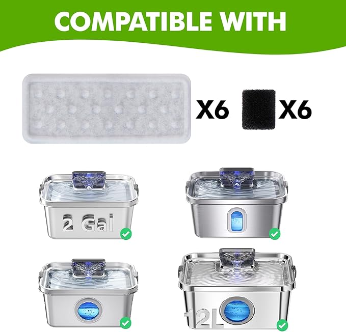 6 Pack Dog Water Fountain Filters and 6 Pack Sponges, Suitable for Stainless Steel Dog Water Fountain (PF-SS-01/PF-SS-02/PF-SS-03/PF-SS-04), High Efficiency Filtration, Idividual Package