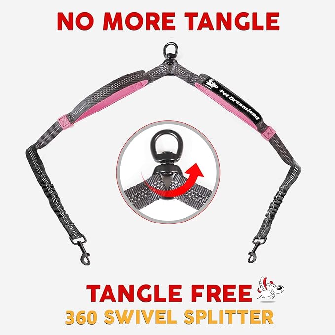 Pet Dreamland Exquisite Dual Dog Coupler for Medium Dogs. Trending Double Dog Leash Attachment with Tangle-Free Swivel. You Will Absolutely Love This Amazing Gear for 2 Dogs (Dark Grey & Pink)