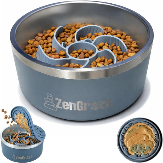 Stainless Steel Slow Feeder Dog Bowl for Large Dogs | 64 oz, Non-Slip Base with Textured Lick Mat Lid & Silicone Slow Feeder Insert – Deep Anti-Gulp Metal Puzzle Bowl for Large Breeds (Steel Gray)