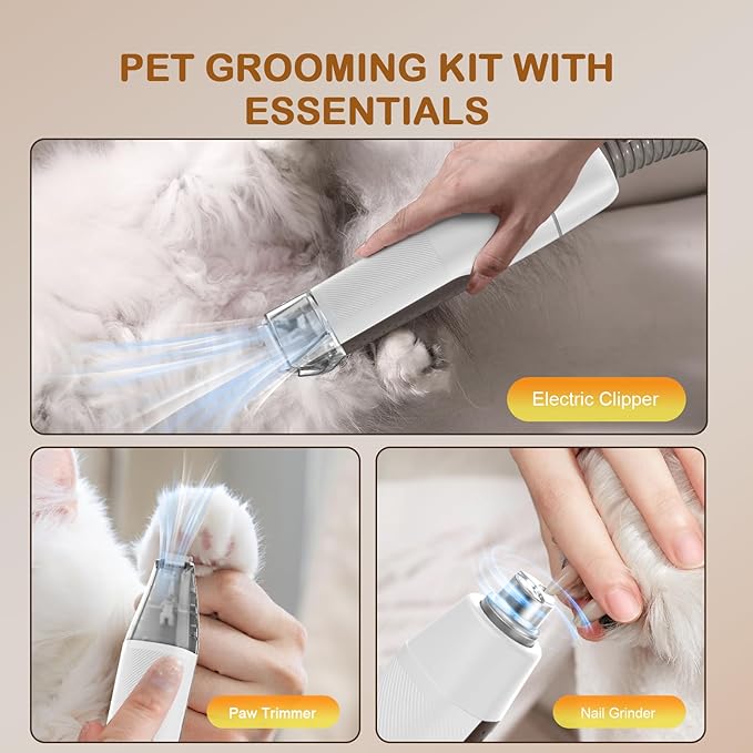 Dog Grooming Vacuum, Dog Grooming Kit with Pet Clipper Nail Grinder, 3 Suction Modes Dogs Brush Vacuum with 6 Pet Grooming Tools (Beige)