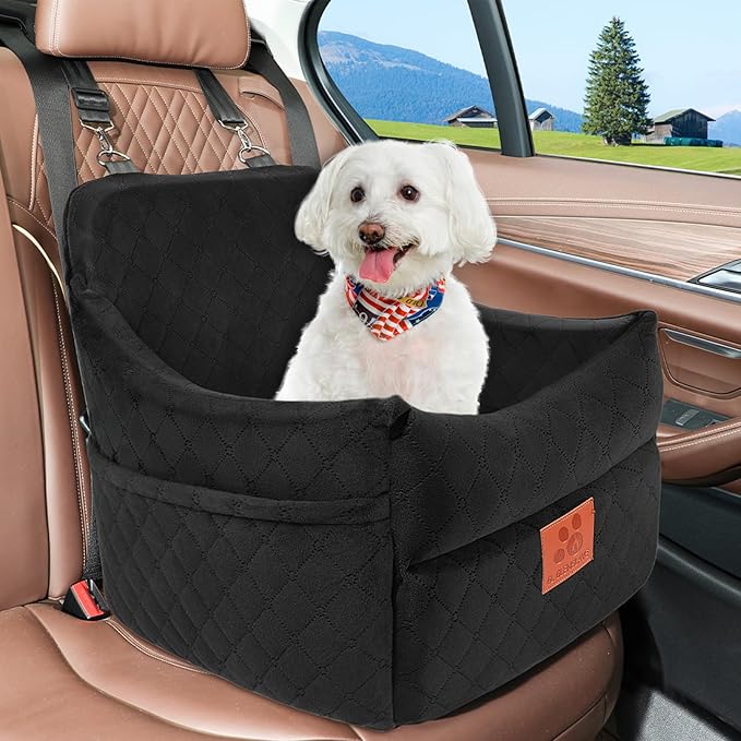 Dog Car Seat for Small/Medium Dogs, Dog Booster Car Seats with Thick Cushion for Dogs Under 35lbs, Detachable Washable Pet Carseat with Storage Pockets, 2 Safety Belts(Black)