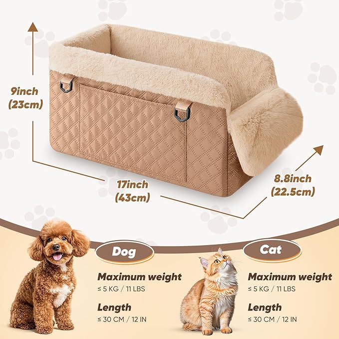 QUMY Dog Car Seats for Small Dogs Up to 11lbs, Portable Center Console Dog Booster Seat, Multi-Purpose Puppy CarSeat with Adjustable Safety Belt, Travel Pet Car Carriers for Small Dogs and Cat, Khaki
