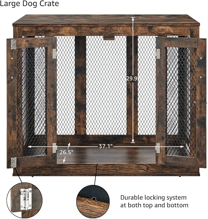 unipaws 38.5 Inch Large Dog Crate Furniture with Tray, Wooden Kennel Pet House Dog Cage with Door, Modern Decorative Dog Crate End Side Table Nightstand, Rustic