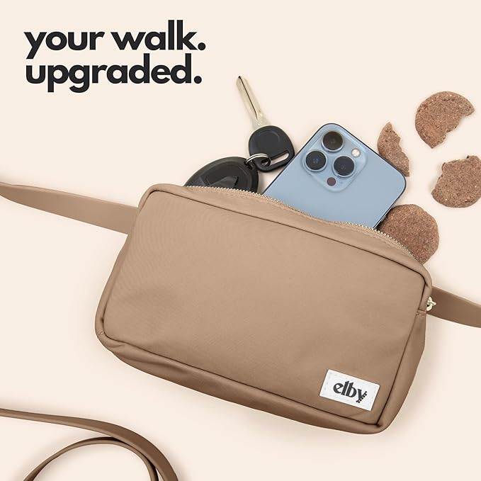 elby - Hands Free Dog Leash with Treat Pouch - Dog Walking Accessories - Dog Training Leash with Fanny Pack - Dog Accessories and Walking Essentials - Medium and Large Dogs (Dark Beige, Regular)