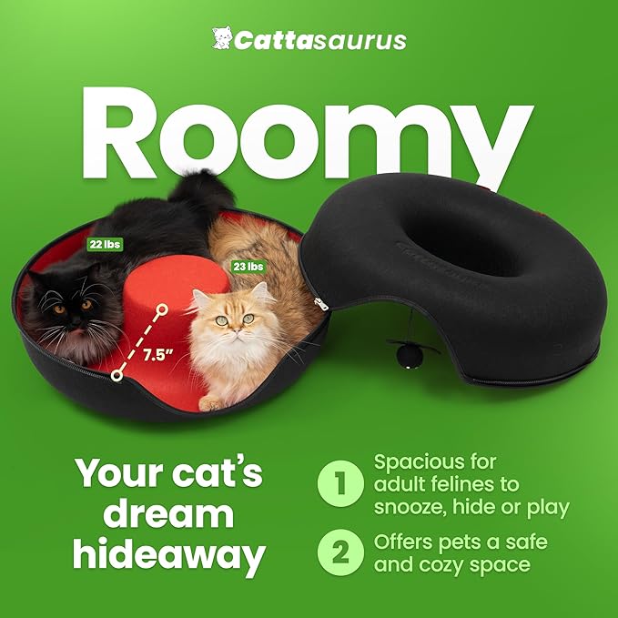Cattasaurus Unique Peekaboo Cat Cave for Multiple & Large Cats Up to 30-45 Lbs, Scratch Detachable & Washable Tunnel Bed, Gothic Bat Donut Cat Cave (Duo Large Set)