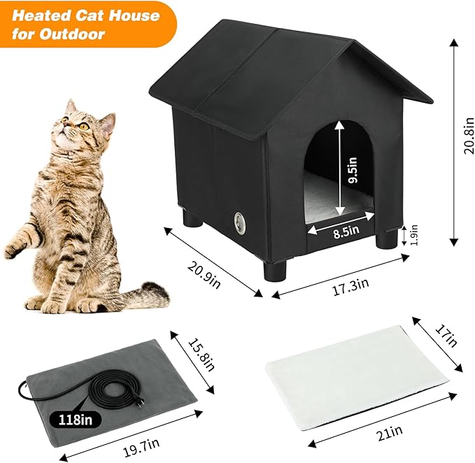 BWOGUE Elevated Heated Cat House for Outdoor Cats in Winter, Waterproof & Insulated Feral Cat Shelter for Outside Cats,Weatherproof Feral Cat House for Outside (Black, XL)