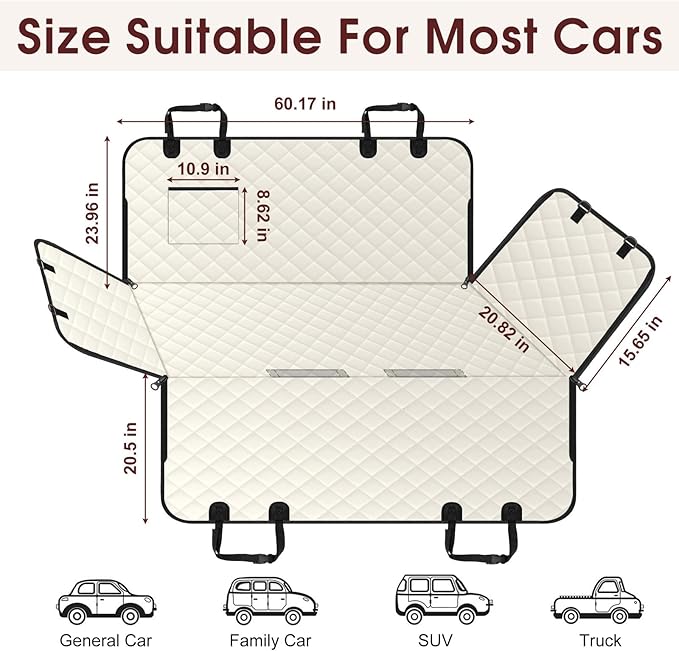 Waterproof Dog Car Seat Cover for Back Seat - Durable, Scratch Proof Pet Hammock with Nonslip Design & Storage Pockets, Fits Cars, SUVs, Trucks - L, Beige/Black