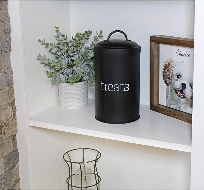 AuldHome Design Enamelware Dog Treat Jar (Black), Large Modern Farmhouse Pet Treats Container