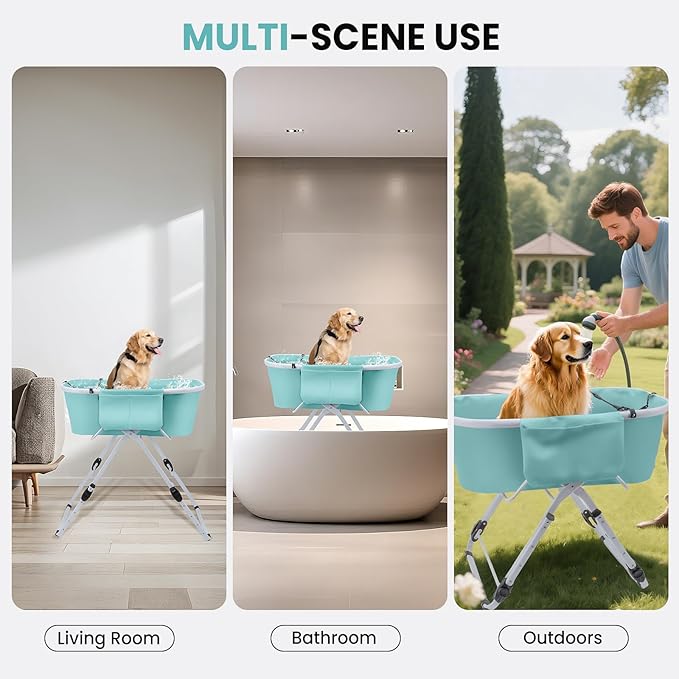 Dog Bathtub, Portable & Elevated Dog Bath Tub with Adjustable Height, Foldable Design for Easy Storage, Ideal for Small to Large Dogs, Indoor & Outdoor Use, Green