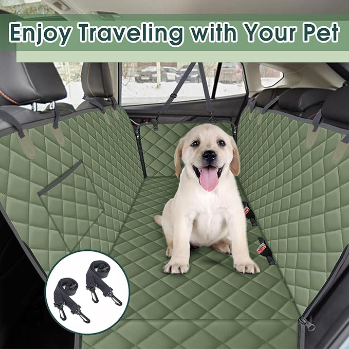 Waterproof Dog Car Seat Cover for Back Seat - Durable, Scratch Proof Pet Hammock with Nonslip Design & Storage Pockets, Fits Cars, SUVs, Trucks- S, Green