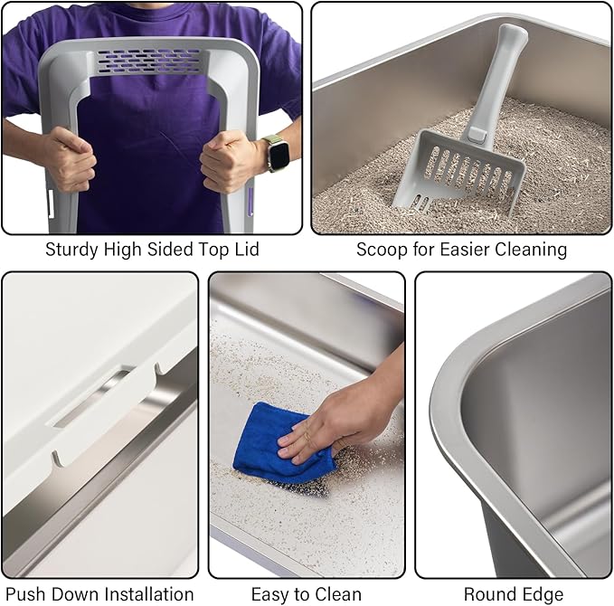 Stainless Steel Litter Box 2 Pack, Metal Cat Litter Box with Lid High Sides,XL Extra Large Litterbox for Big Cats,Non-Stick, Anti-Leakage,Easy to Clean,Include Litter Mat & Scoop,23x14.6x10in