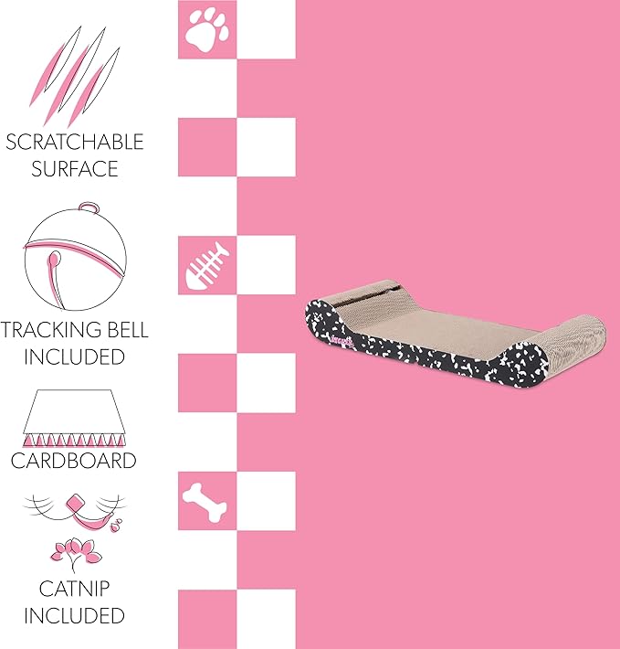 CSR1003B Rini 23.75" Modern Cardboard Lounge Bed Cat Scratcher with Built-in Bell Toys and Catnip, Black/White