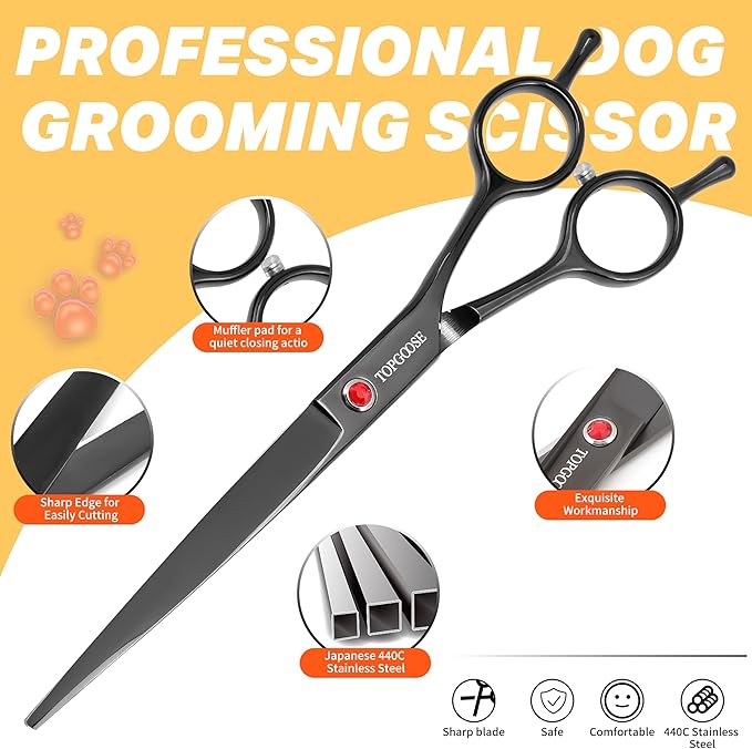 TOPGOOSE Dog Grooming Scissors Kit, Professional 6 in 1 Pet Scissors Sharp Shears Set - Straight, Thinning, Chunker, Curved Shears and Comb for Long Short Hair for Dog Cat (Set, Black)