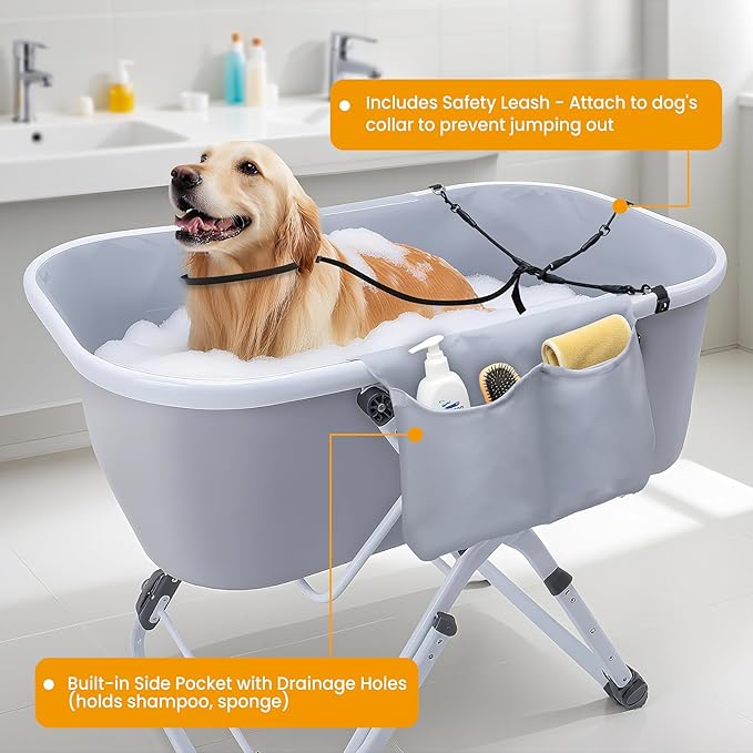Dog Bathtub, Collapsible Dog Bath Tub with Ergonomic Design, Portable Elevated Station for Bathing & Grooming, Suitable for Cats & Small to Medium Dogs, Indoor & Outdoor, Gray