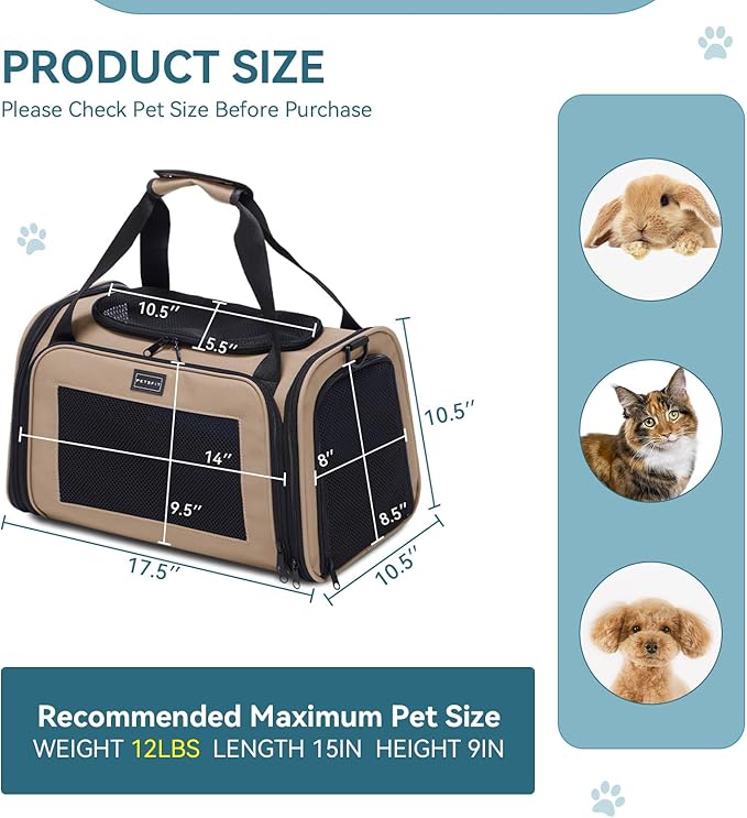 PETSFIT Pet Carrier for Cat, Small Dogs, Dog Carrier Airline Approved, TSA Approved Soft Cat Carrier for Travel, Small Animal Carrier for Pets Under 12 Lbs, Khaki