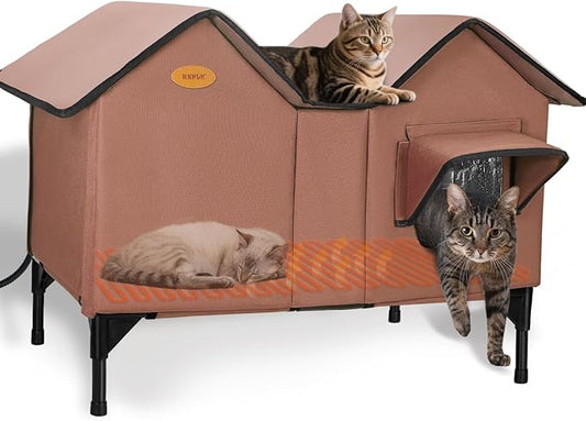Heated Outdoor Cat House Weatherproof for Winter - Extra Large Heated Cat House for Outside, Elevated Bed, Escape Door, Fully Insulated Feral Cat Shelter for Multiple Cats Small Dogs, Easy Assembly