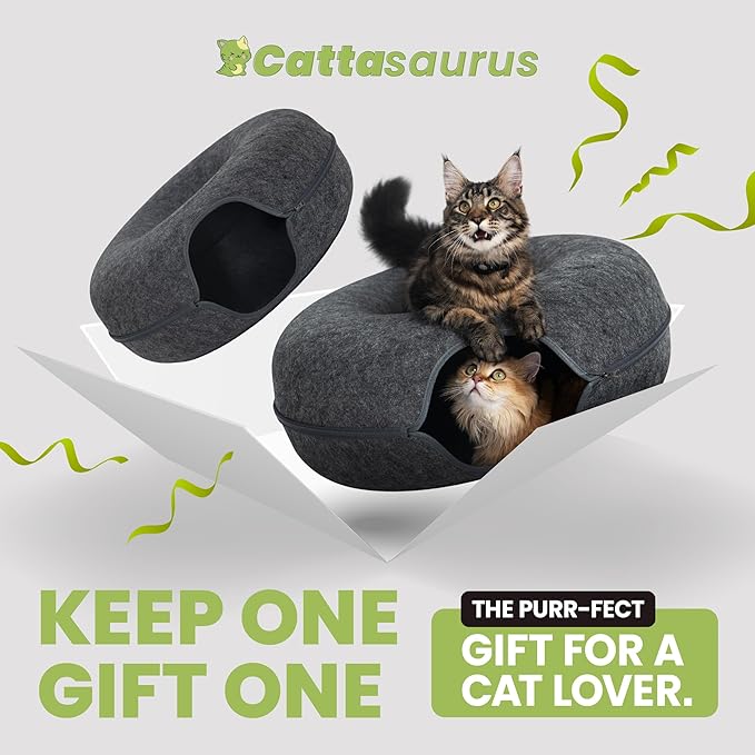 Cattasaurus Peekaboo Cat Cave Duo Jumbo Set, Extra Spacious Cat Donut for Multiple & Large Kitty 15+ lbs, Scratch Detachable Cat Beds for Indoor Cats, Washable Cat Tunnel Bed, Best Kitten Toys