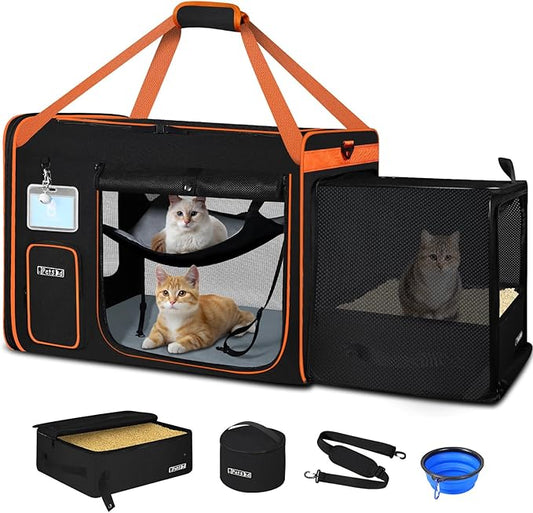 Petskd Side Expandable Extra Large Cat Carrier with Litter Box Area for Long Distance Car Travel,24"x17"x17" Collapsible Soft-Sided Large Pet Carrier with Zipper Locks for 2 Cats Under 55LBS(Black)