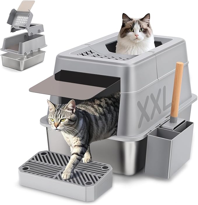 Stainless Steel Cat Litter Box with 110° Flip-Top Lid, XXL Large Enclosed Metal Litter Box for Big Cats with Scoop & Pedal, Removable Lid -Odor Control, Non-Stick Surface, Front Entry Top Exit (Grey)