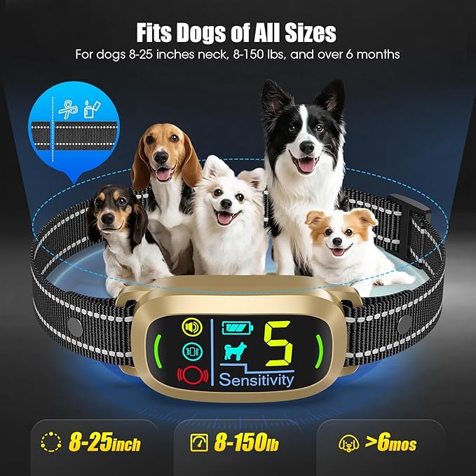 Smart AI Bark Collar for Large Medium Small Dogs, Anti Barking Device with 5 Training Modes, Exclusive Forced Bark-Stopping, Rechargeable IP67 Waterproof Bark Collar with 5 Sensitivity (Gold)