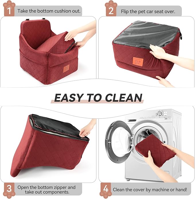 Dog Car Seat for Small/Medium Dogs, Dog Booster Car Seats with Thick Cushion for Dogs Under 35lbs, Detachable Washable Pet Carseat with Storage Pockets, 2 Safety Belts(Red)