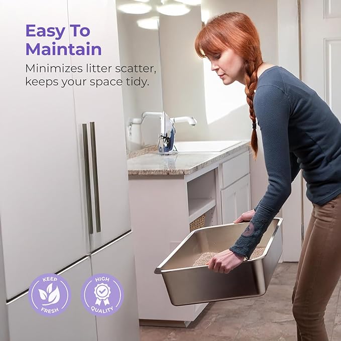 iPrimio Ultimate Stainless Steel XL Cat Litter Box - XL Litter Box for Big Cats - Large - Never Absorbs Odor, Stains, or Rusts - Easy Cleaning Litterbox Designed by Cat Owners (1 Pan)