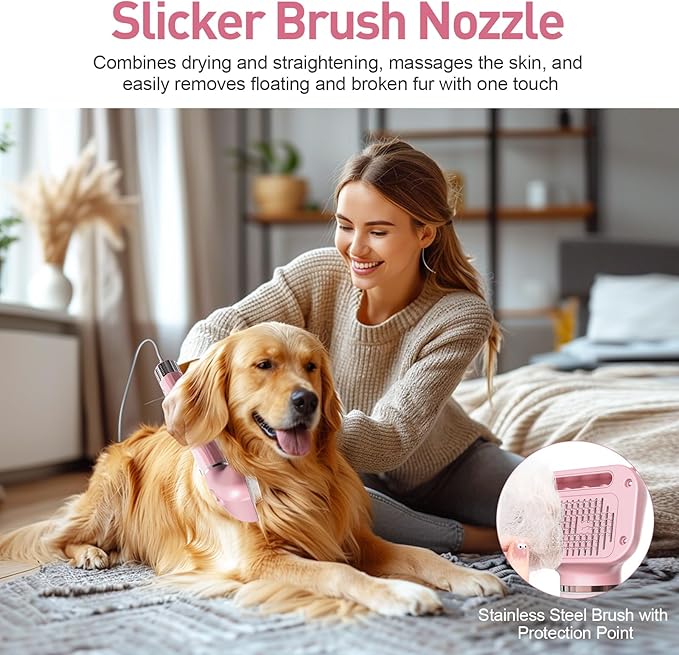 Discala Dog Dryer, Dog Grooming Blow Dryer Kit with Slicker Brush for Pet, High Velocity Blow Dryer for Dogs with Adjustable Speed and Temperature for Pet Grooming Supplies and Home Use, Pink